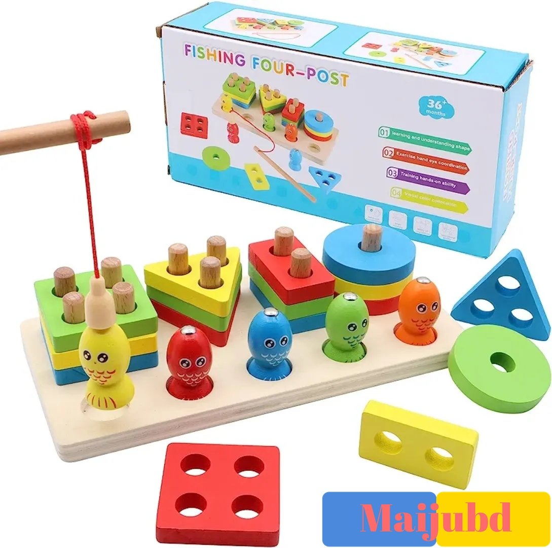 Wooden Stacking Toys, Shape Sorting Board & Wooden Toddler Fishing Toys, Shape Color Recognition Blocks Matching Puzzle Preschool Learning Toys for Kids Boys & Girls,‎Fishing Shape Sorter